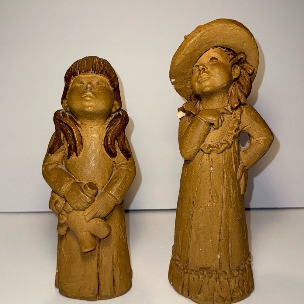 Set of 2 Vintage Lee Bortin Sculptures Girl with hat and Girl with teddy bear